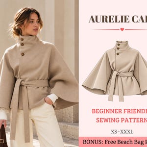 Puede incluir: Un patrón de costura Aurelie Cape de color beige con cuello alto de tres botones, mangas anchas acampanadas y cinturón de lazo. El diseño incluye una ilustración técnica de la prenda y texto que indica las tallas XS-XXXL.