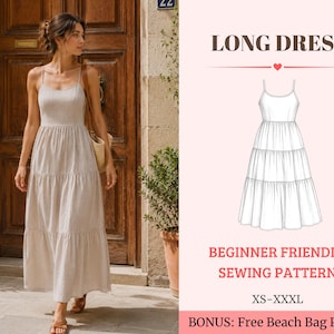 Op de afbeelding: Een beige gelaagde lange jurk met dunne spaghettibandjes en een aansluitend lijfje. De afbeelding bevat een technische lijntekening van de jurk, de tekst LONG DRESS, BEGINNER FRIENDLY SEWING PATTERN, XS-XXXL en BONUS: Free Beach Bag Pattern.