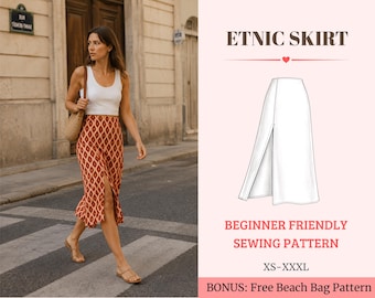 Peut inclure: Un patron de couture pour une ETNIC SKIRT avec un débardeur blanc et une jupe midi à motif losange et fente avant. Le graphique inclut un dessin technique de la jupe, le texte BEGINNER FRIENDLY SEWING PATTERN et les tailles XS-XXXL.
