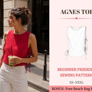 Puede incluir: Una blusa roja sin mangas con lazos laterales y un dibujo lineal blanco de la misma blusa etiquetado AGNES TOP, BEGINNER FRIENDLY SEWING PATTERN, XS-XXXL, y BONUS: Free Beach Bag Pattern sobre un fondo rosa claro.