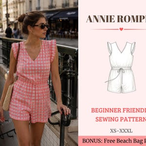May include: A pink and white gingham romper with flutter sleeves, a V-neckline, and a drawstring waist. The image includes the text ANNIE ROMPER, BEGINNER FRIENDLY SEWING PATTERN, XS-XXXL, and BONUS: Free Beach Bag Pattern with a line drawing.