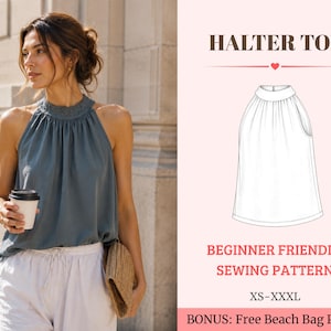 Puede incluir: Un top halter sin mangas de color azul pizarra con un escote alto fruncido. La imagen incluye un dibujo técnico de la prenda etiquetado como HALTER TOP, BEGINNER FRIENDLY SEWING PATTERN, XS-XXXL, y BONUS: Free Beach Bag Pattern.
