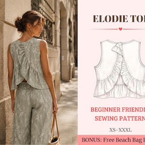 Puede incluir: Un top sin mangas de color verde salvia con un detalle de volantes en la espalda y pantalones a juego, junto a un dibujo técnico etiquetado ELODIE TOP, BEGINNER FRIENDLY SEWING PATTERN, XS-XXXL, y BONUS: Free Beach Bag Pattern.
