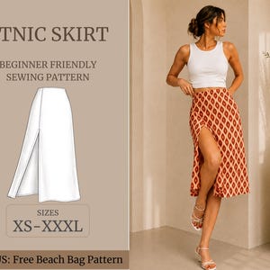 Puede incluir: Un patrón de costura para una ETNIC SKIRT con un diseño apto para principiantes, disponible en tallas XS-XXXL. El gráfico incluye un dibujo técnico de una falda midi con abertura lateral y texto que indica un patrón de bolsa de playa gratuito.