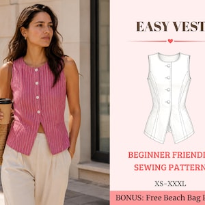 Puede incluir: Un chaleco rosa sin mangas con rayas verticales blancas y cierre de botones frontal. La imagen incluye un dibujo técnico del chaleco con las etiquetas EASY VEST, BEGINNER FRIENDLY SEWING PATTERN, XS-XXXL y BONUS: Free Beach Bag Pattern.