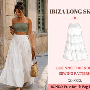 Puede incluir: Una falda larga blanca con niveles y cintura elástica fruncida, presentada como un patrón de costura para principiantes Ibiza Long Skirt en tallas XS-XXXL, que incluye un patrón extra gratuito de bolsa de playa con un dibujo lineal de la falda.