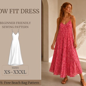 Puede incluir: Un patrón de costura para vestido flow fit con un vestido largo rosa de flores, tirantes finos y escote en V. El gráfico incluye un dibujo lineal blanco del vestido, el texto FLOW FIT DRESS, BEGINNER FRIENDLY SEWING PATTERN, SIZES XS-XXXL y BONUS: Free Beach Bag Pattern.