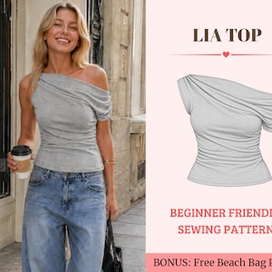 Off Shoulder Top PDF Sewing Pattern, Draped Neckline Top Pattern, Asymmetric Fitted Shirt Sewing Pattern for Women