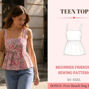 Op de afbeelding: Een naaipatroon voor een TEEN TOP met een vierkante halslijn en peplum taille. Het ontwerp bevat een technische lijntekening, de tekst BEGINNER FRIENDLY SEWING PATTERN, maten XS-XXXL en een BONUS: Free Beach Bag Pattern.