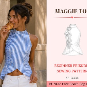 Puede incluir: Una blusa sin mangas a rayas azules y blancas con cuello alto y lazos laterales. La imagen incluye un dibujo técnico del patrón de costura Maggie Top, etiquetado como patrón para principiantes en tallas desde la XS hasta la XXXL.