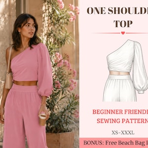 Puede incluir: Un top corto rosa de un solo hombro con mangas largas abullonadas y pantalones a juego de cintura alta y pierna ancha. La imagen incluye un boceto técnico con el texto ONE SHOULDER TOP, BEGINNER FRIENDLY SEWING PATTERN, XS-XXXL, y BONUS: Free Beach Bag Pattern.