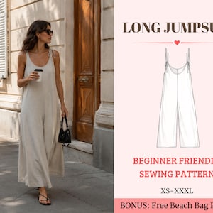 Op de afbeelding: Een beige mouwloze lange jumpsuit met strikbandjes op de schouders en wijde pijpen. De afbeelding bevat een technische lijntekening van het kledingstuk, de tekst LONG JUMPSUIT, BEGINNER FRIENDLY SEWING PATTERN, XS-XXXL en BONUS: Free Beach Bag Pattern.