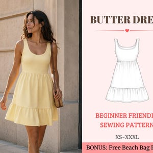 Puede incluir: Un vestido amarillo pálido sin mangas con escote redondo y falda de volantes. La imagen incluye un dibujo técnico del vestido con las etiquetas BUTTER DRESS, BEGINNER FRIENDLY SEWING PATTERN, XS-XXXL y BONUS: Free Beach Bag Pattern.