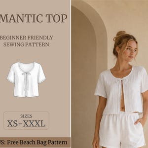 Romantic Top Sewing Pattern PDF | Tie Front Blouse Pattern | Short Sleeve Top | Beginner Friendly | XS–XXXL | Instant Download