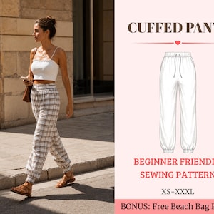Puede incluir: Un patrón de costura para pantalones con puños que muestra un dibujo lineal blanco de pantalones con cintura elástica y cordón. El texto dice CUFFED PANTS, BEGINNER FRIENDLY SEWING PATTERN, XS-XXXL y BONUS: Free Beach Bag Pattern sobre un fondo rosa claro.