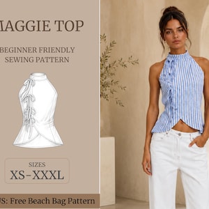 Puede incluir: Un patrón de costura para el top Maggie, que muestra un top halter a rayas azules y blancas con cierre de lazos laterales. El gráfico incluye el texto Maggie Top, Beginner Friendly Sewing Pattern, Sizes XS-XXXL y Bonus: Free Beach Bag Pattern.