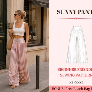 Könnte beinhalten: Ein Schnittmuster für Sunny Pants mit einer weißen Strichzeichnung einer weiten Hose mit hohem Bund. Der Text lautet Sunny Pants, Beginner Friendly Sewing Pattern, XS-XXXL und Bonus: Free Beach Bag Pattern auf einem rosa Hintergrund.