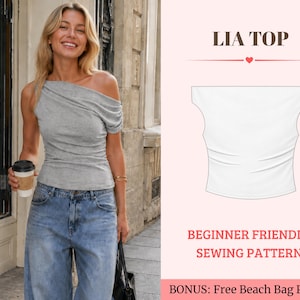May include: A grey one-shoulder top with gathered fabric detail on the left side. The image includes text reading LIA TOP, BEGINNER FRIENDLY SEWING PATTERN, and BONUS: Free Beach Bag Pattern, alongside a white technical drawing of the top.