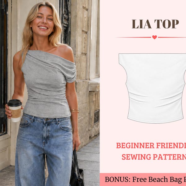 Off Shoulder Top PDF Sewing Pattern, Draped Neckline Top Pattern, Asymmetric Fitted Shirt Sewing Pattern for Women
