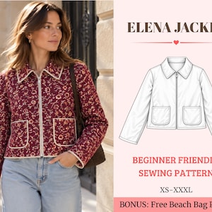 May include: A burgundy quilted jacket with a floral pattern, a collar, a front zip, and two patch pockets. The image includes a technical line drawing of the jacket labelled ELENA JACKET, along with text indicating a beginner friendly sewing pattern.