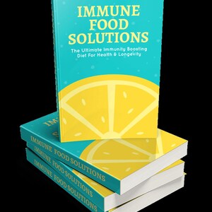 Puede incluir: Una pila de tres libros turquesa y blancos con una rodaja de limón amarilla en la portada. El título del libro es "Immune Food Solutions: The Ultimate Immunity Boosting Diet For Health & Longevity".