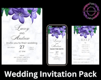 Wedding Invitations, RSVP Cards and Save the Date Cards, Digital Download, Purple Floral Wedding Invitation