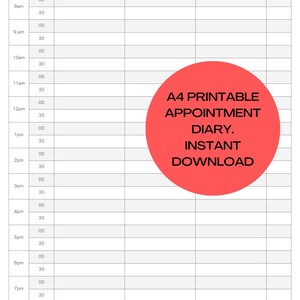 Pode incluir: Um modelo de agenda de compromissos imprimível com um círculo vermelho que diz "A4 Printable Appointment Diary. Instant Download". O modelo tem colunas para o dia, a hora, o nome do cliente, o número de telefone, o serviço e o preço.