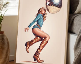 Retro disco cowgirl-kunstprint: western glamour (digitale download)