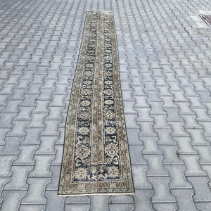 Tapete corredor oriental vintage feito à mão em tons de bege e azul, 60 x 4 m (2 x 13 pés), estilo turco, tecido à mão, para corredor ou cozinha.