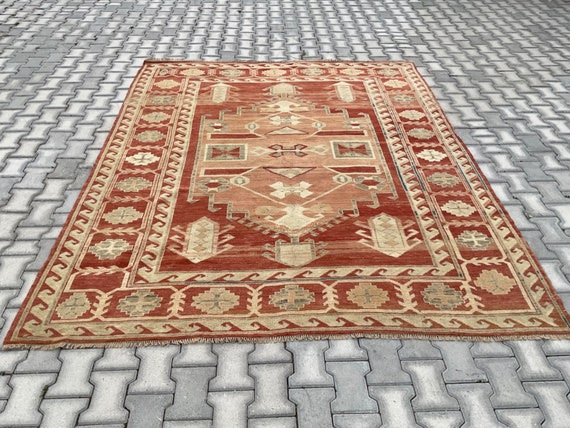 手作りウールトルコ絨毯：7x9 レッドベージュオリエンタルデザイン