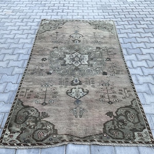Hand Knotted Wool Turkish Area Rug: 4.2 x 7.6 ft Vintage Anatolian Rug