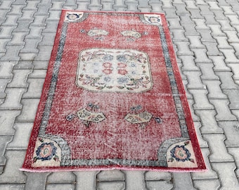 Hand Knotted Red Oushak Rug: 4x6 Vintage Turkish Wool Area Rug