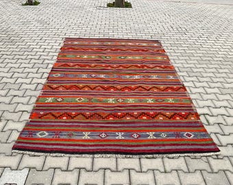 Hand-knotted Wool Kilim Rug, 6x9 ft, Bohemian Rustic Living Room Carpet