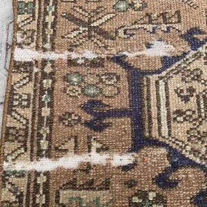 Peut inclure: Gros plan sur une section d'un tapis vintage &agrave; l'aspect vieilli. Le tapis pr&eacute;sente une palette de couleurs marron et beige avec des motifs g&eacute;om&eacute;triques complexes et une bordure bleu fonc&eacute;. Le design comprend des motifs floraux et stylis&eacute;s.