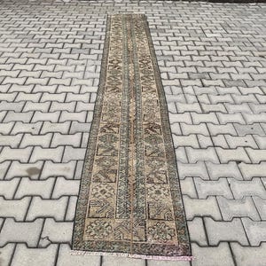 Camino de mesa de patchwork de 2 x 12 pulgadas, hecho a mano, estilo turco vintage, beige azulado, neutro, 1,9 x 12,5 pies