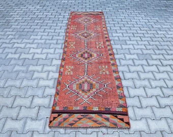 Handgeknüpfter türkischer Teppichläufer: 3x30 Vintage Orange Anatolischer Teppich