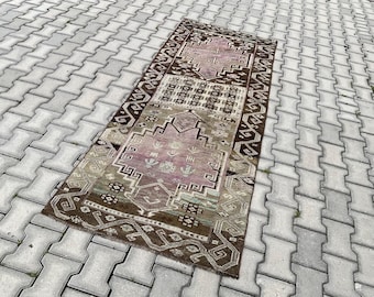 3 x 8 tapis vintage en laine noué à la main, décoration de salon marron violet, 2,9 x 7,6 pi