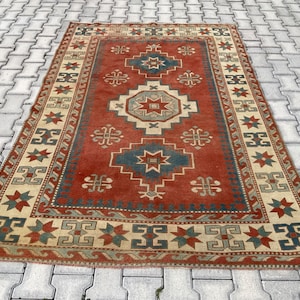 5x7 Red Area Rug, Handmade Rug, Oriental Rug, Bohemian Area Rug, Turkish Area Rug, Knotted Rug, Wool Rug, 5x7 Neutral Rug, 5x7 Kitchen Rug