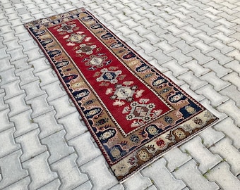 Handmade Red Turkish Wool Runner Rug: Vintage Corridor Rug (2x7 ft)