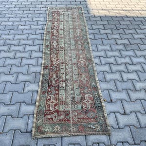 Hand Knotted Wool Runner Rug: 2.2 x 8.5 ft Vintage Turkish Tribal
