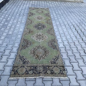 Hand Knotted  Wool Green Runner Rug: 3x13 ft Vintage Anatolian Style
