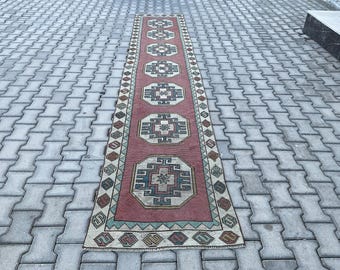 2 x 13 long tapis rouge, fait main, tapis de course turc, vintage, cuisine, escalier, marocain, 2,5 x 13,3 pi