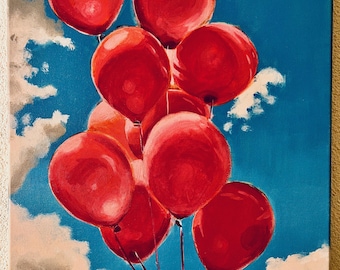 Red Balloon Painting – Kids Room Wall Art – Nursery Decor – Blue Sky Artwork – Children’s Room Decor – Joyful Minimalist