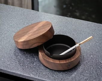 Walnut Wood Ashtrays With Lid Covered Windproof Ashtray With Stainless Steel Liner Indoor Outdoor Ash Tray