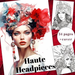 34 Fashion Lady Coloring Page, Lady Coloring Book, Headpieces Lady Coloring Book, Adults + kids Instant Download,Haute Fashion,Printable PDF