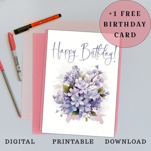Cartão de aniversário lilás, cartão de feliz aniversário, cartão de aniversário digital, cartão de aniversário minimalista, cartão de aniversário de flores, download instantâneo, A6
