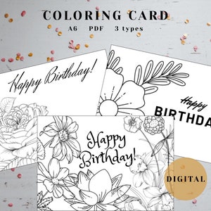 Cartão para colorir de feliz aniversário, livro para colorir de aniversário, livro para colorir digital, download instantâneo para adultos e crianças, cartão de aniversário com flores