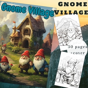 30 Gnome Coloring Book, Gnome Coloring pages, Fantasy, Coloring Gnome Village, Cute Gnome, Adults + kids Instant Download, Printable PDF, A4