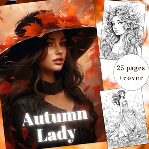 25 Autumn Lady Coloring Page, Autumn Coloring, Lady Coloring Book, Adults + kids Instant Download, Fall Coloring, Halloween, Printable PDF