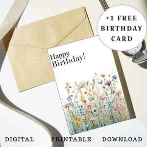 Cartão de aniversário de flores silvestres, cartão de feliz aniversário, cartão de aniversário digital, cartão de aniversário minimalista, cartão de aniversário de verão, download instantâneo, A6